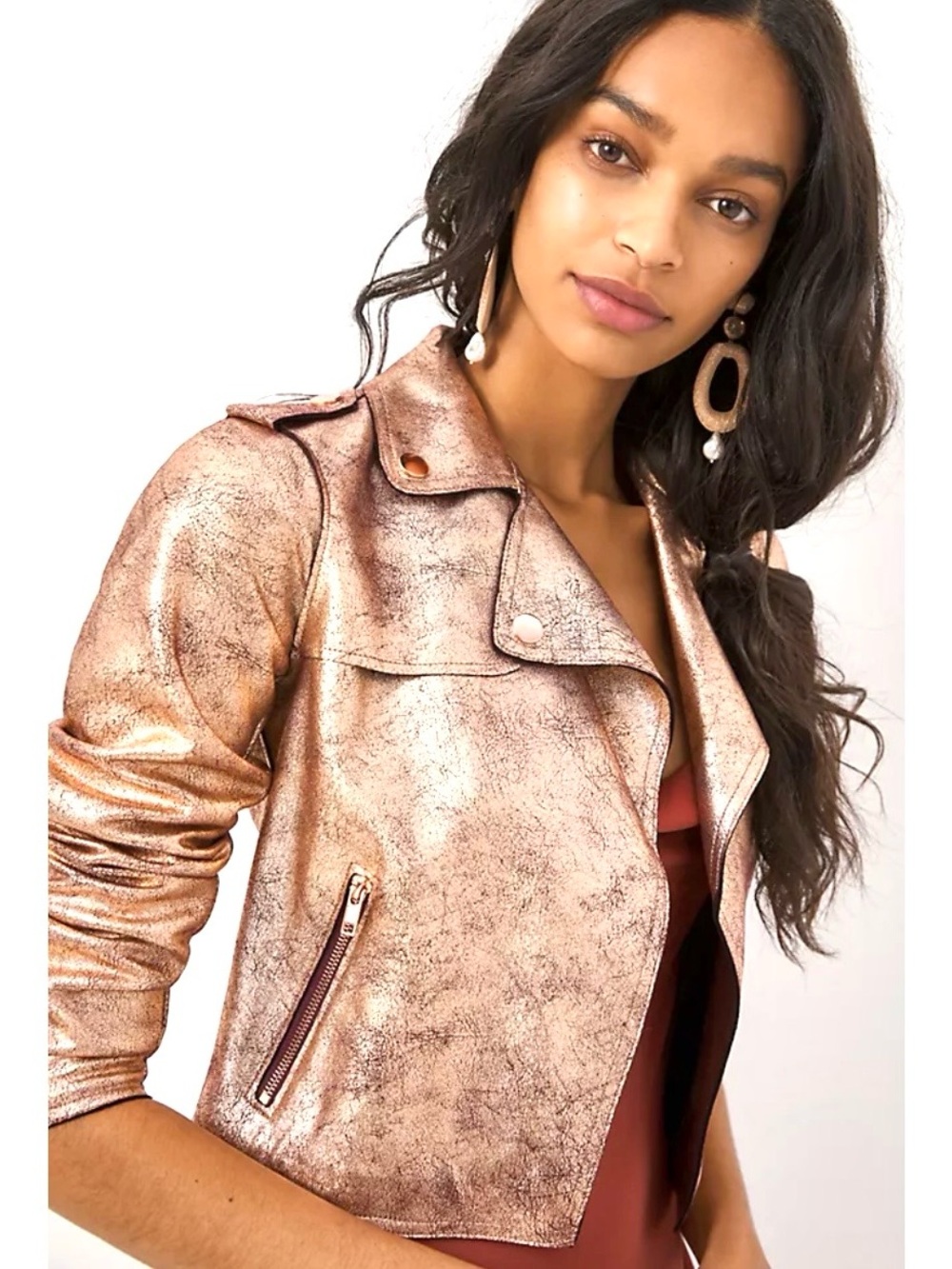 Anthropologie Crop Metallic Rose Moto Jacket - Shimmering Copper Tone Size XS
